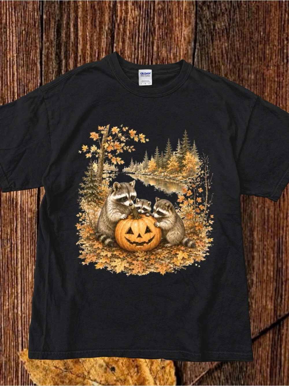 Gildan Black Halloween Raccoon Pumpkin Graphic Tee